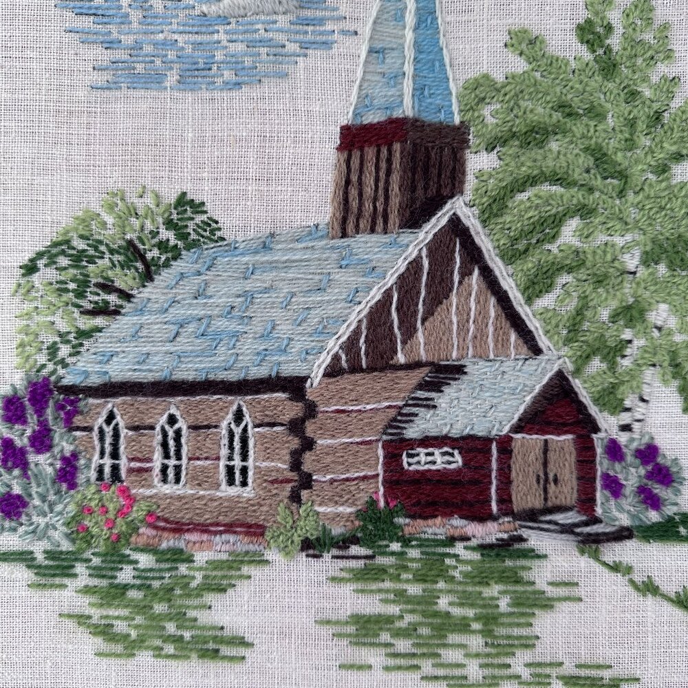 Vintage Needlepoint W13"xH17" - Charming Country Chapel